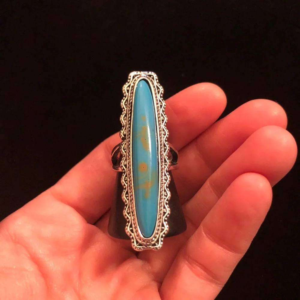 Silver Tone and Blue Faux Turquoise Statement Ring